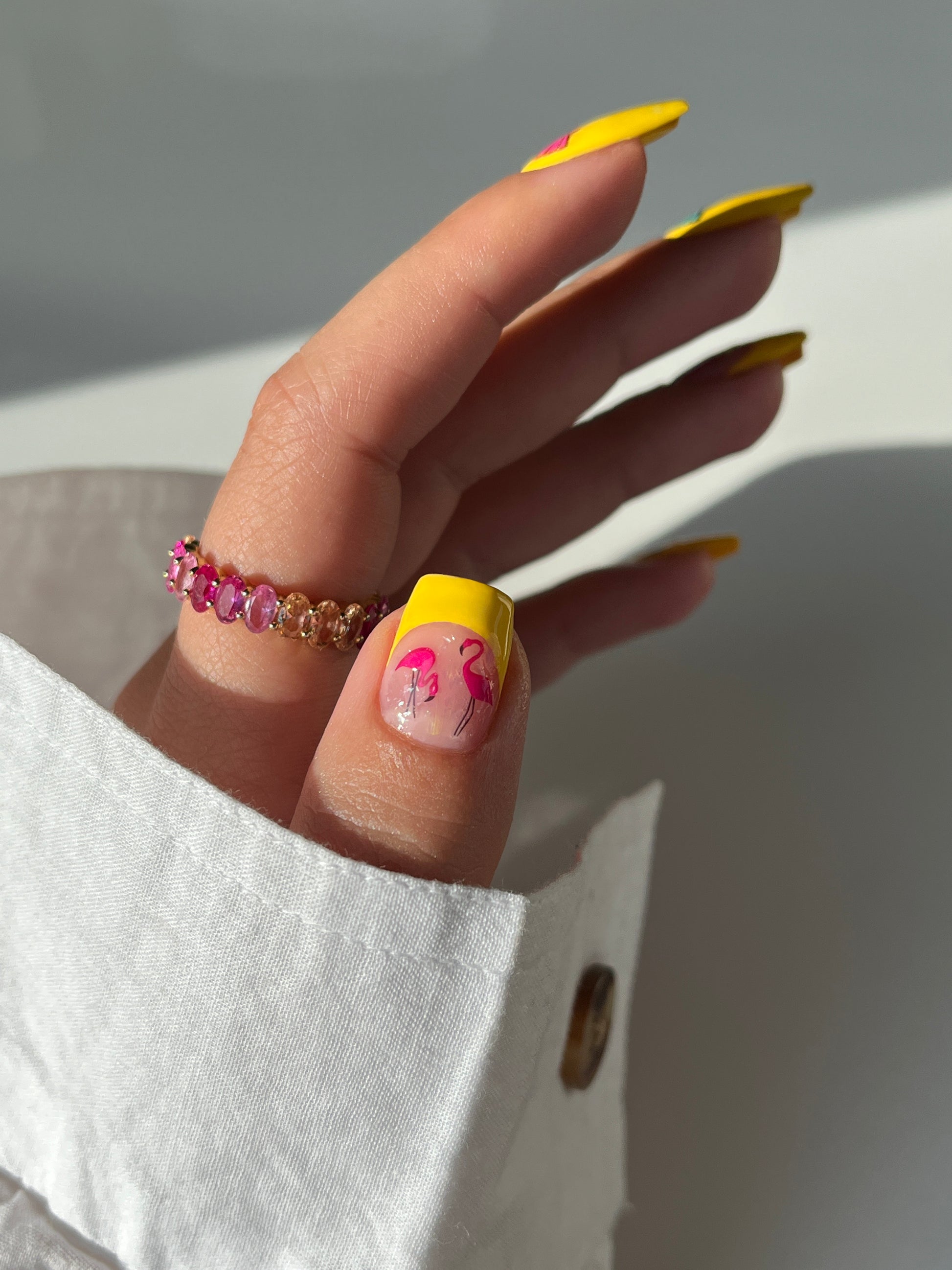 Beach themed mani with yellow tips